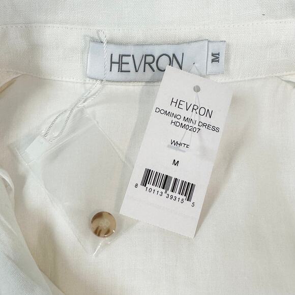 Hevron Domino Mini Dress 100% Linen Sleeveless Cut-Out Belted Shirtdress White - Picture 9 of 11